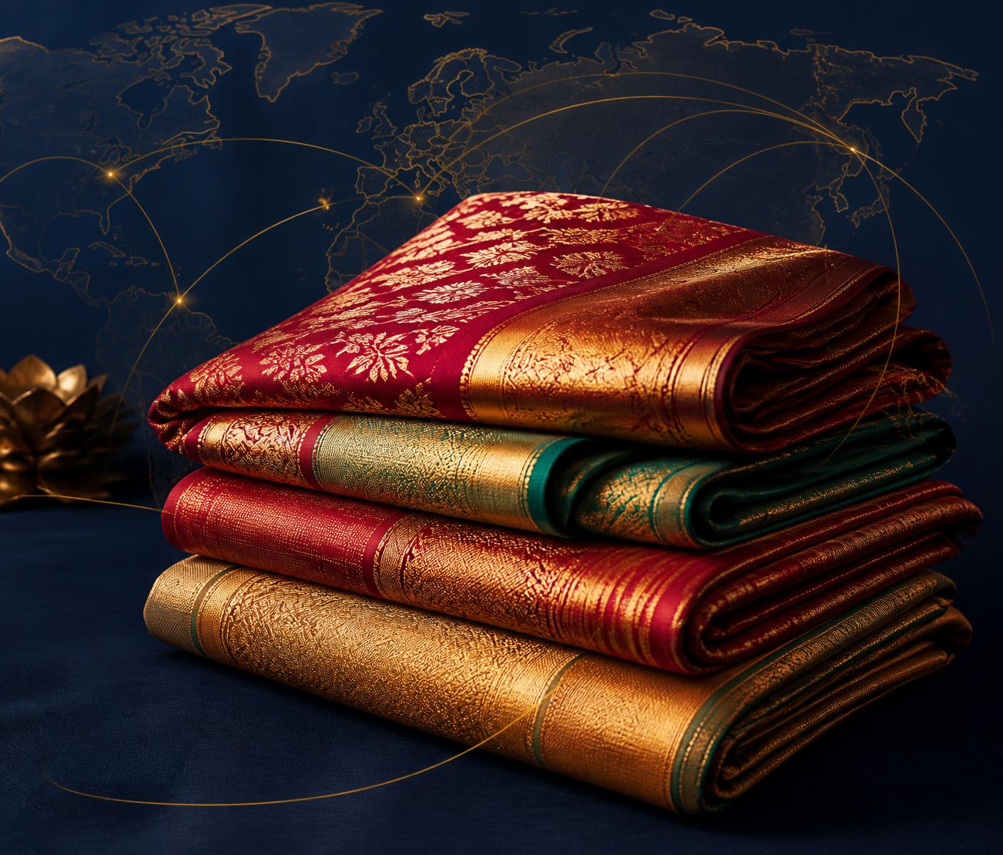 Stacked Kanchipuram silk sarees with gold zari borders
